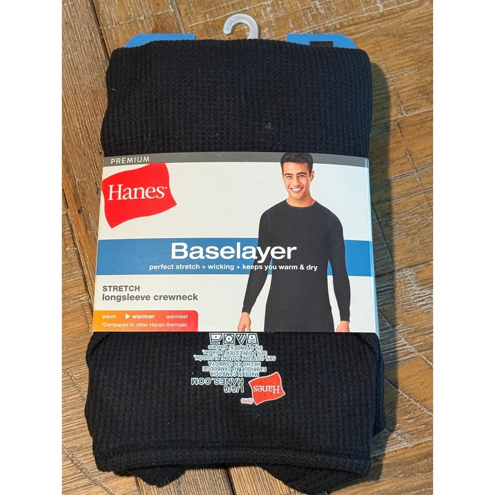 NWT Hanes Mens Premium Baselayer Thermal Long Sleeve Crewneck Black Large L Heat